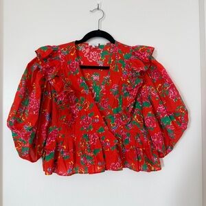 Rhode Red Floral Ruffle Puff Sleeve Cropped Blouse